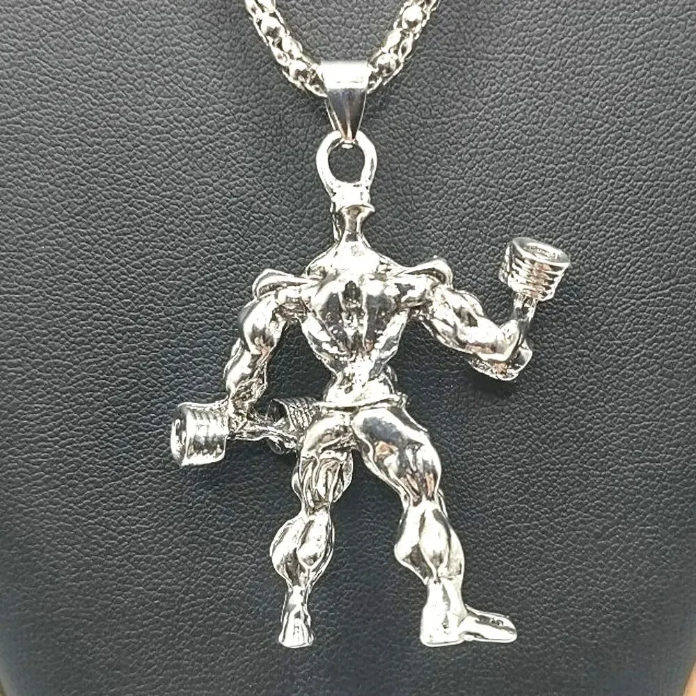 Stainless Bodybuilder Necklace Fitness Dumbbell Gym Bro Weightlifter Fashion NEW